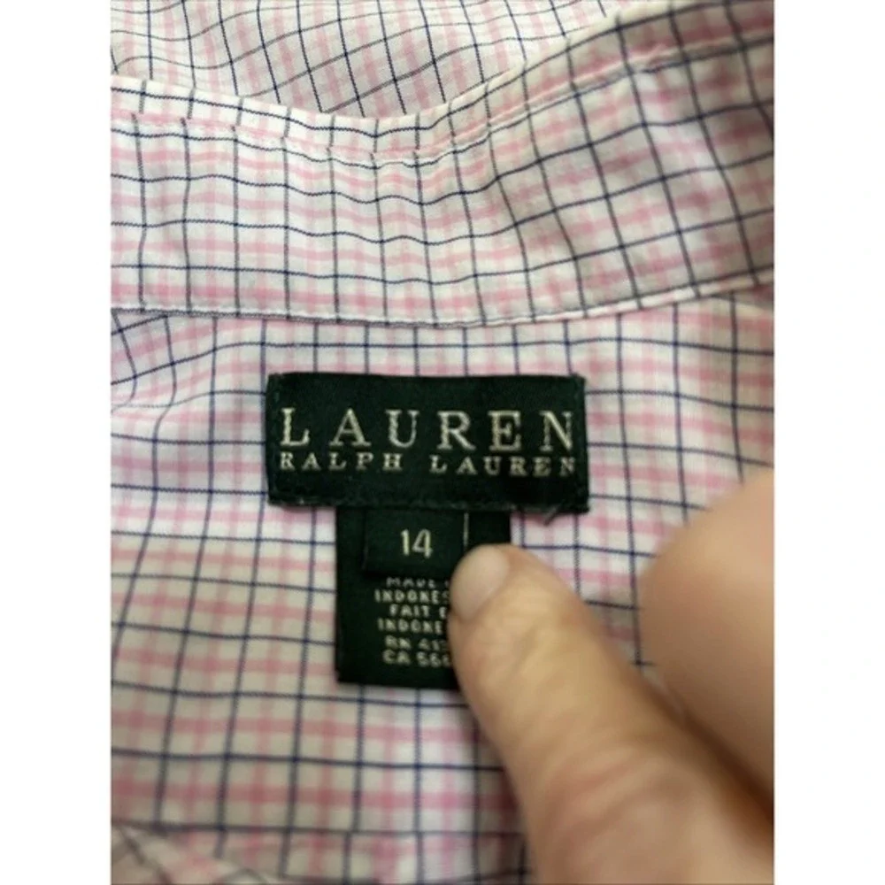 Ralph Lauren Youth Button Down Shirt Blue Pink‎ Check Long Sleeve Cotton Size 14